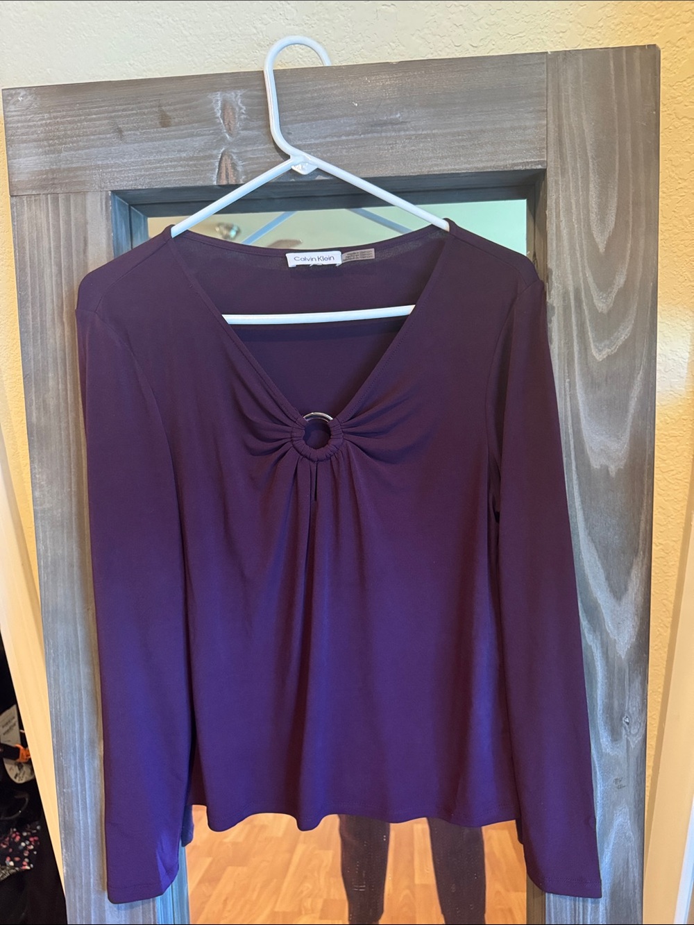 Calvin Klein Plum Long-Sleeve Ring-Front V-Neck Top